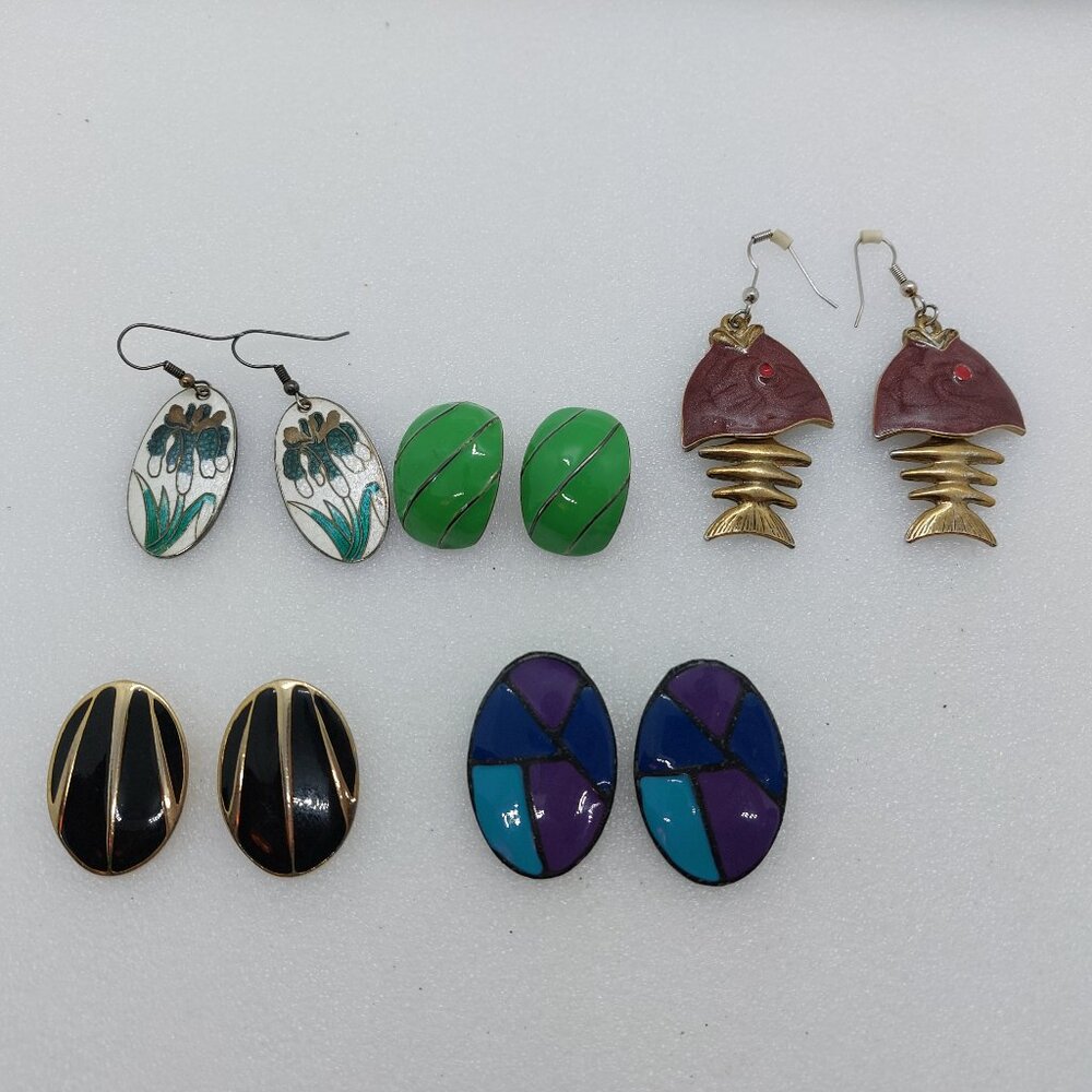 Vintage Enamel Earrings 5 Pairs Pierced  Post & Dangle Fish Flower